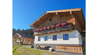 Bauernhaus mit Blumen von Salzburger Lagerhaus mehr dahinter 