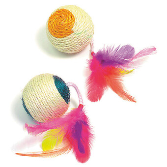 Sisal Spielball mit Feder und Rassel 6cm farblich sortiert